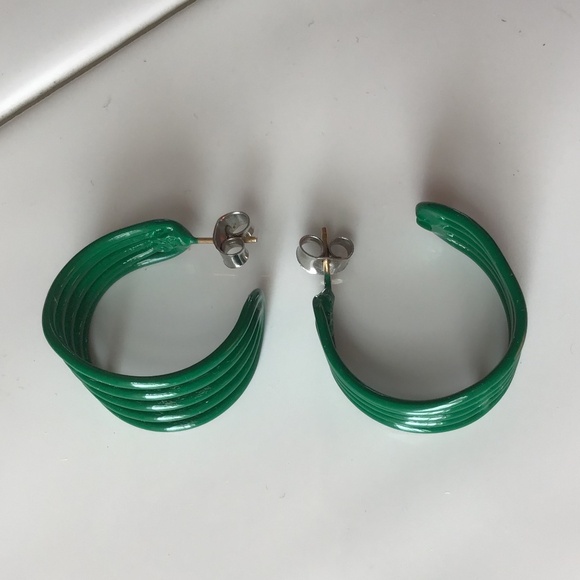 Vintage 1980s Hoop Earrings Pierced Green Retro Disco - Picture 5 of 16
